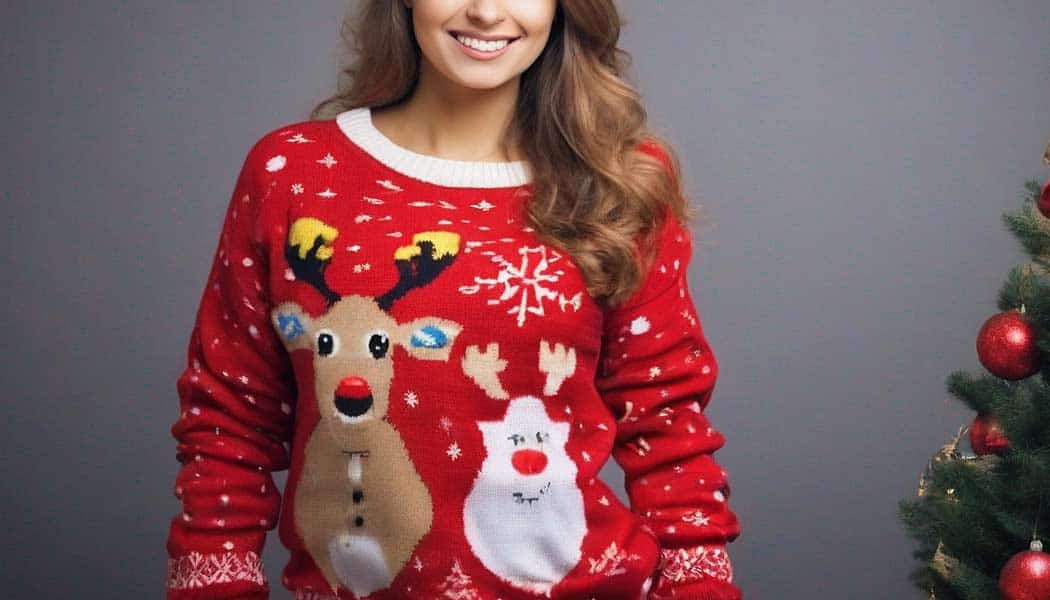 Lustiger Weihnachtspullover an schöner Frau (NF)