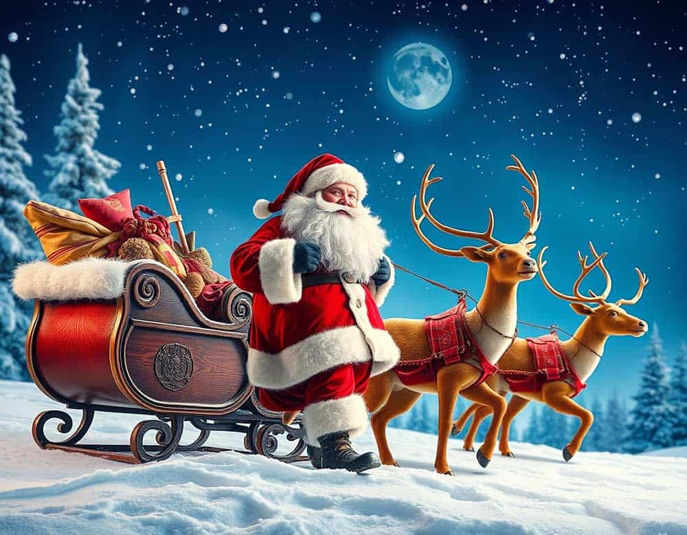 Weihnachtsmann mit Schlitten und Rentieren (NF)